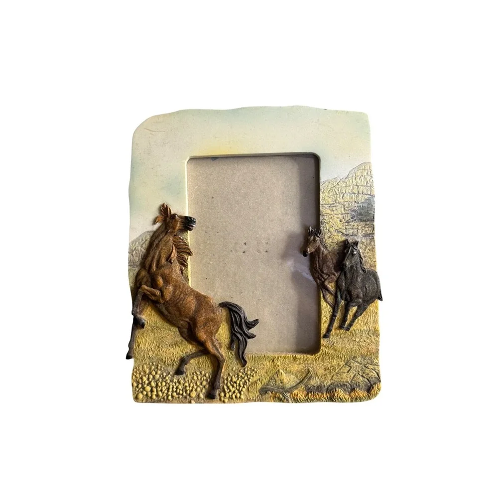 Unbranded Picture Frame Western Wild Horses Resin 3D Relief Tan 3.5x5